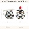 MACKENZIE-CHILDS Enamel Creamer and Sugar Bowl Set, Cream Dispenser with Pour Spout and Sugar Holder, Unique Kitchen Decor, Purple-and-White Violet Check(Courtly Check)