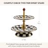 MACKENZIE-CHILDS Enamel Tiered Sweet Stand, Two-Tier Serving Tray for Dessert, Purple-and-White Violet Check(Courtly Check)