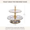 MACKENZIE-CHILDS Enamel Tiered Sweet Stand, Two-Tier Serving Tray for Dessert, Purple-and-White Violet Check(Violet Check)