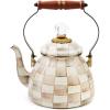 MACKENZIE-CHILDS Enamel Tea Kettle, Decorative Tea Kettle for Stovetop, 3 Quarts, Purple-and-White Violet Check(Mocha Check)