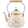 MACKENZIE-CHILDS Enamel Tea Kettle, Decorative Tea Kettle for Stovetop, 3 Quarts, Purple-and-White Violet Check(Rosy Check)