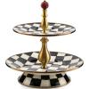 MACKENZIE-CHILDS Enamel Tiered Sweet Stand, Two-Tier Serving Tray for Dessert, Purple-and-White Violet Check(Courtly Check)