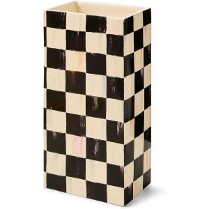 MACKENZIE-CHILDS Ceramic Pillar Vase, Unique Flower Vase Decor, Purple-and-White Violet Check(Courtly Check)