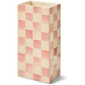 MACKENZIE-CHILDS Ceramic Pillar Vase, Unique Flower Vase Decor, Purple-and-White Violet Check(Rosy Check)