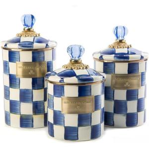MACKENZIE-CHILDS Enamel Canister Set, Small (38 oz.), Medium (48 oz.), and Large (64 oz.) Kitchen Containers, Purple-and-White Violet Check(Royal Check)
