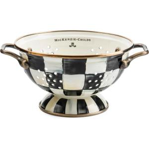 MACKENZIE-CHILDS Enamel Colander, Decorative Kitchen Strainer, Large, Purple-and-White Violet Check(Courtly Check)