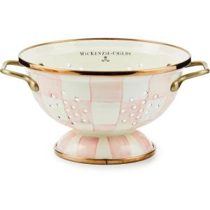 MACKENZIE-CHILDS Enamel Colander, Decorative Kitchen Strainer, Large, Purple-and-White Violet Check(Rosy Check)