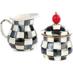 MACKENZIE-CHILDS Enamel Creamer and Sugar Bowl Set, Cream Dispenser with Pour Spout and Sugar Holder, Unique Kitchen Decor, Purple-and-White Violet Check(Courtly Check)