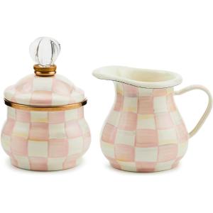 MACKENZIE-CHILDS Enamel Creamer and Sugar Bowl Set, Cream Dispenser with Pour Spout and Sugar Holder, Unique Kitchen Decor, Purple-and-White Violet Check(Rosy Check)