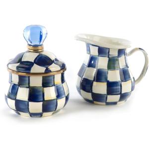 MACKENZIE-CHILDS Enamel Creamer and Sugar Bowl Set, Cream Dispenser with Pour Spout and Sugar Holder, Unique Kitchen Decor, Purple-and-White Violet Check(Royal Check)