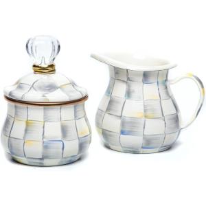 MACKENZIE-CHILDS Enamel Creamer and Sugar Bowl Set, Cream Dispenser with Pour Spout and Sugar Holder, Unique Kitchen Decor, Purple-and-White Violet Check(Sterling Check)