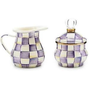 MACKENZIE-CHILDS Enamel Creamer and Sugar Bowl Set, Cream Dispenser with Pour Spout and Sugar Holder, Unique Kitchen Decor, Purple-and-White Violet Check(Violet Check)