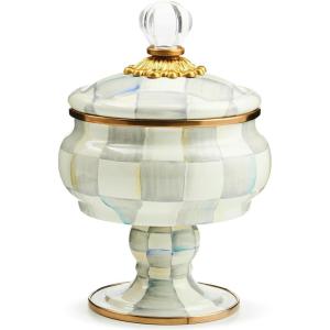 MACKENZIE-CHILDS Enamel Curiosity Pot, Decorative Container for Home Decor, Purple-and-White Violet Check(Sterling Check)