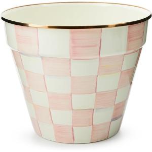 MACKENZIE-CHILDS Enamel Garden Pot, Decorative Pot for Plants, Outdoor Flowerpot Decor, Extra Large, Purple-and-White Violet Check(Rosy Check)