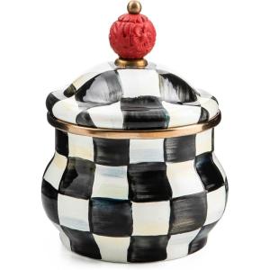 MACKENZIE-CHILDS Enamel Lidded Sugar Bowl, Small Serving Bowl with Lid, 10-Ounce Capacity, Purple-and-White Violet Check(Courtly Check)