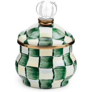 MACKENZIE-CHILDS Enamel Lidded Sugar Bowl, Small Serving Bowl with Lid, 10-Ounce Capacity, Purple-and-White Violet Check(Emerald Check)
