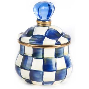 MACKENZIE-CHILDS Enamel Lidded Sugar Bowl, Small Serving Bowl with Lid, 10-Ounce Capacity, Purple-and-White Violet Check(Royal Check)