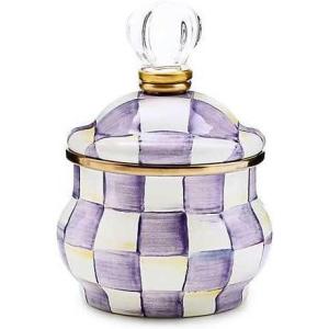 MACKENZIE-CHILDS Enamel Lidded Sugar Bowl, Small Serving Bowl with Lid, 10-Ounce Capacity, Purple-and-White Violet Check(Violet Check)