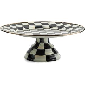 MACKENZIE-CHILDS Enamel Pedestal Platter, Round Cake Stand, Small, Purple-and-White Violet Check(Courtly Check)