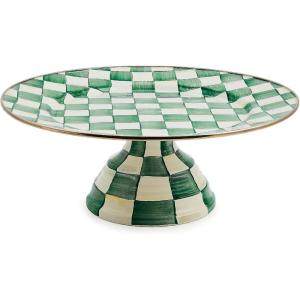 MACKENZIE-CHILDS Enamel Pedestal Platter, Round Cake Stand, Small, Purple-and-White Violet Check(Emerald Check)