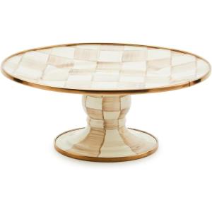 MACKENZIE-CHILDS Enamel Pedestal Platter, Round Cake Stand, Small, Purple-and-White Violet Check(Mocha Check)