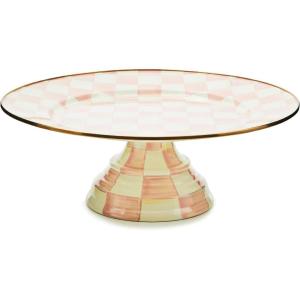 MACKENZIE-CHILDS Enamel Pedestal Platter, Round Cake Stand, Small, Purple-and-White Violet Check(Rosy Check)