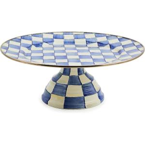 MACKENZIE-CHILDS Enamel Pedestal Platter, Round Cake Stand, Small, Purple-and-White Violet Check(Royal Check)