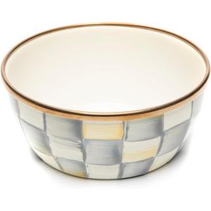 MACKENZIE-CHILDS Enamel Pinch Bowl, Small Bowl for Cooking Ingredients, 1.5-Cup Capacity, Purple-and-White Violet Check(Sterling Check)