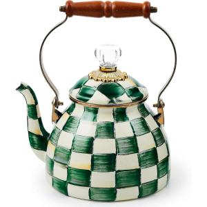 MACKENZIE-CHILDS Enamel Tea Kettle, Decorative Tea Kettle for Stovetop, 3 Quarts, Purple-and-White Violet Check(Emerald Check)