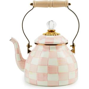 MACKENZIE-CHILDS Enamel Tea Kettle, Decorative Tea Kettle for Stovetop, 3 Quarts, Purple-and-White Violet Check(Rosy Check)