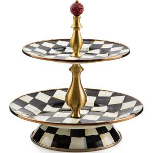 MACKENZIE-CHILDS Enamel Tiered Sweet Stand, Two-Tier Serving Tray for Dessert, Purple-and-White Violet Check(Courtly Check)
