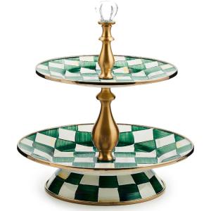 MACKENZIE-CHILDS Enamel Tiered Sweet Stand, Two-Tier Serving Tray for Dessert, Purple-and-White Violet Check(Emerald Check)