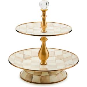 MACKENZIE-CHILDS Enamel Tiered Sweet Stand, Two-Tier Serving Tray for Dessert, Purple-and-White Violet Check(Mocha Check)