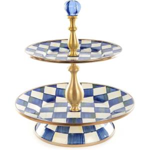 MACKENZIE-CHILDS Enamel Tiered Sweet Stand, Two-Tier Serving Tray for Dessert, Purple-and-White Violet Check(Royal Check)