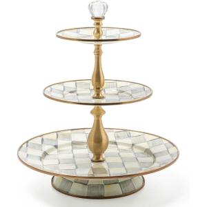 MACKENZIE-CHILDS Enamel Tiered Sweet Stand, Two-Tier Serving Tray for Dessert, Purple-and-White Violet Check(Sterling Check)
