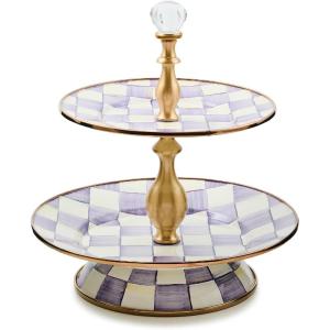 MACKENZIE-CHILDS Enamel Tiered Sweet Stand, Two-Tier Serving Tray for Dessert, Purple-and-White Violet Check(Violet Check)