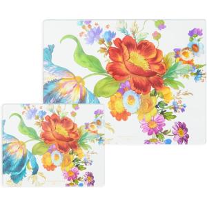 MACKENZIE-CHILDS Set of 2 Tempered Glass Cutting Boards, Countertop Cutting Boards, Purple-and-White Violet Check(Flower Market)