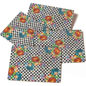 MACKENZIE-CHILDS Set of 4 Cork-Back Placemats, Hard-Finish Table Mats, Violet Check(Courtly Flower Market)