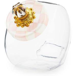 MACKENZIE-CHILDS Sweets Jar with Enamel Lid, Small Glass Cookie Jar or Kitchen Container, 0.5-Gallon Capacity, Purple-and-White Violet Check(Rosy Check)