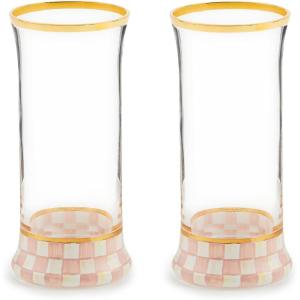 MACKENZIE-CHILDS Violet Check Highball Glass, Set of 2(Rosy Check)