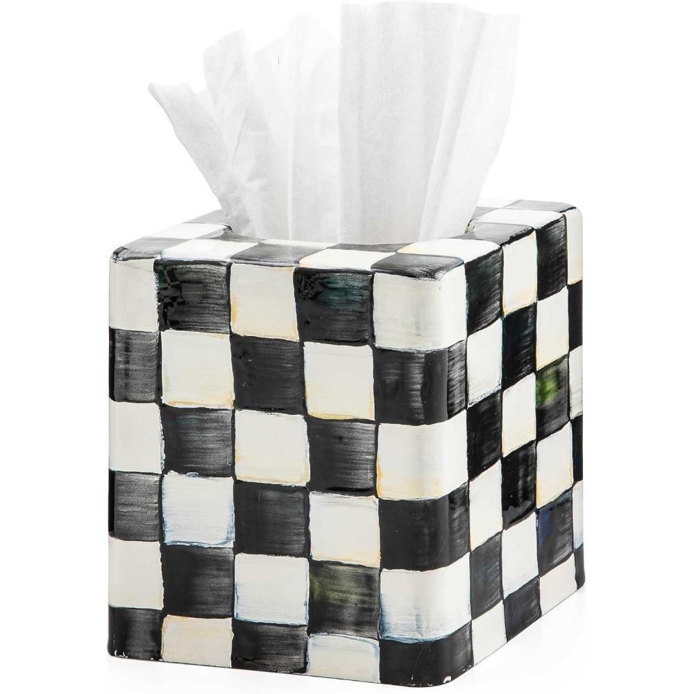image:imageMACKENZIECHILDS Boutique TissueBox Cover Square Tissue Holder for Home Decor PurpleandWhite Violet CheckCourtly Check