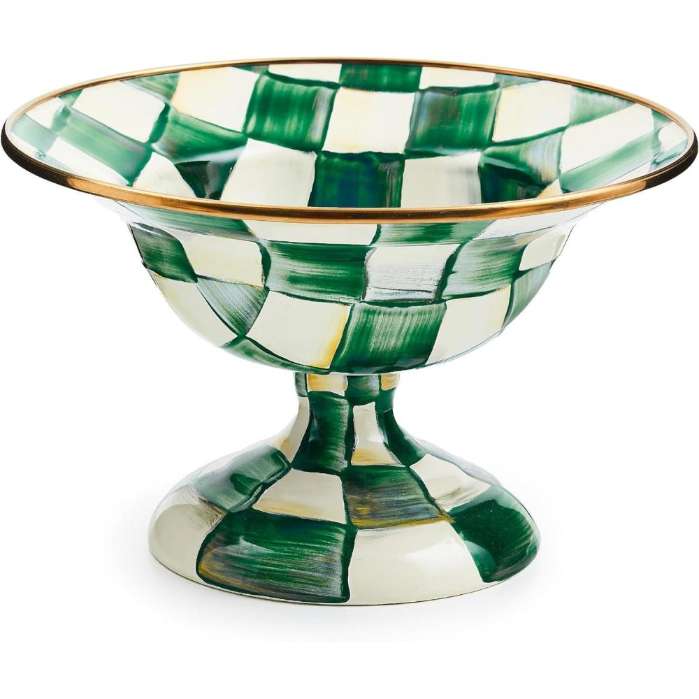 image:imageMACKENZIECHILDS Enamel Compote Pedestal Serving Dish or Decorative Bowl Small PurpleandWhite Violet CheckEmerald Check
