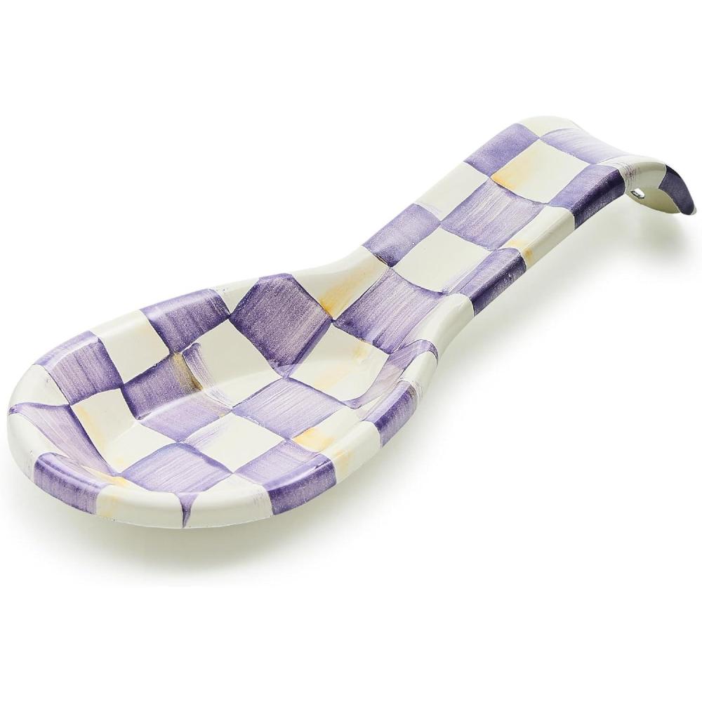 image:imageMACKENZIECHILDS Enamel Spoon Rest Kitchen Utensil Rest and Spoon Holder Kitchen Decor PurpleandWhite Violet CheckViolet Check