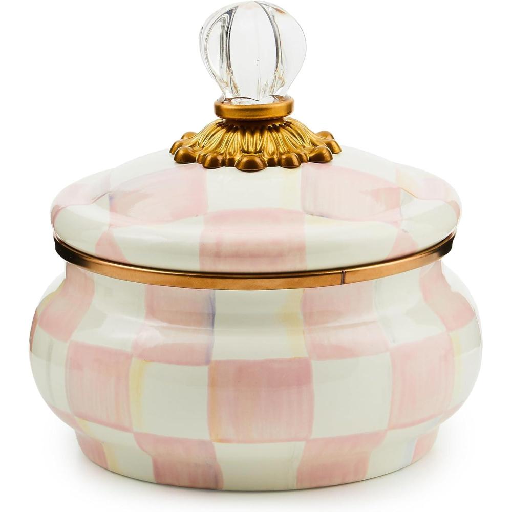 image:imageMACKENZIECHILDS Enamel Squashed Pot Enamelware Storage Canister with Lid 20 Ounces PurpleandWhite Violet CheckRosy Check