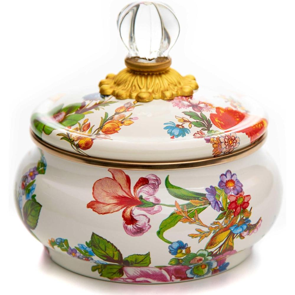 image:imageMACKENZIECHILDS Enamel Squashed Pot Enamelware Storage Canister with Lid 20 Ounces PurpleandWhite Violet CheckWhite Flower Market
