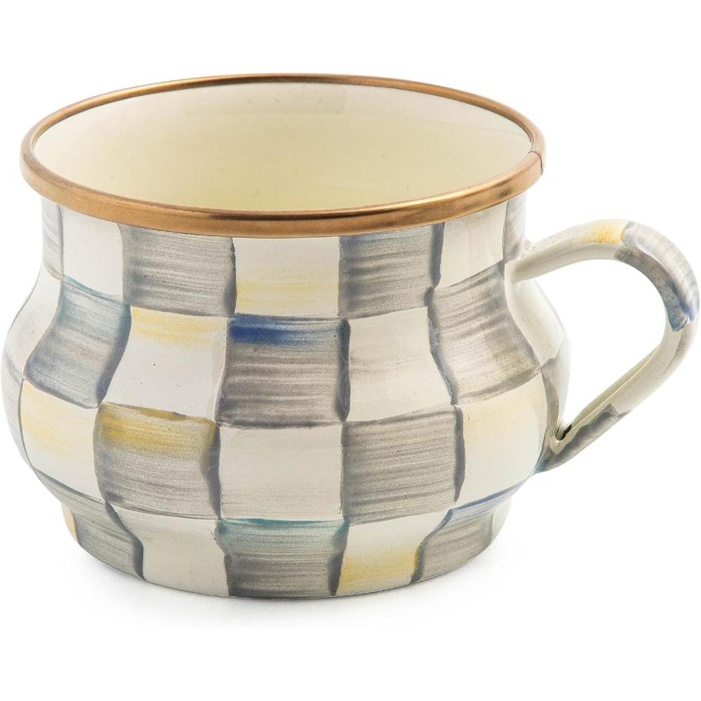 image:imageMACKENZIECHILDS Enamel Teacup Unique Coffee and Tea Mug Enamel Cup for Hot Tea PurpleandWhite Violet CheckSterling Check