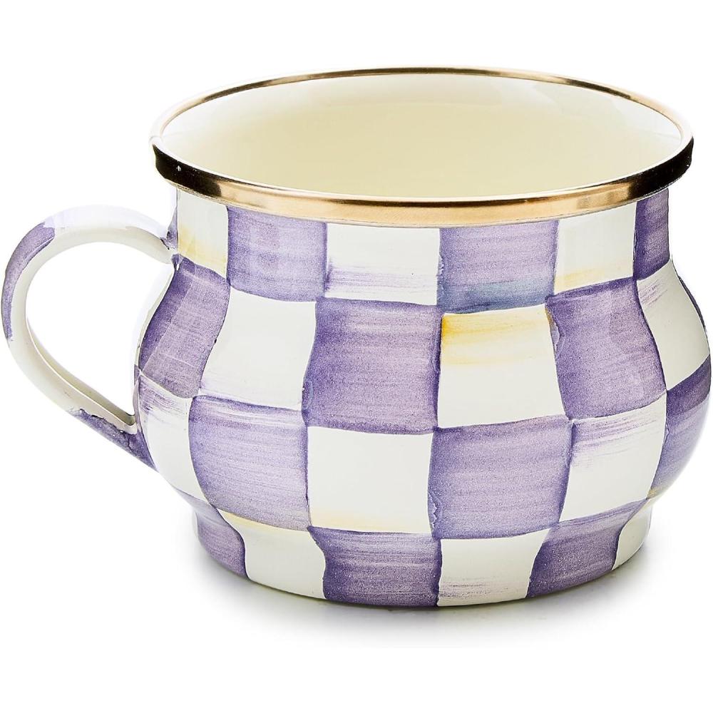 image:imageMACKENZIECHILDS Enamel Teacup Unique Coffee and Tea Mug Enamel Cup for Hot Tea PurpleandWhite Violet CheckViolet Check