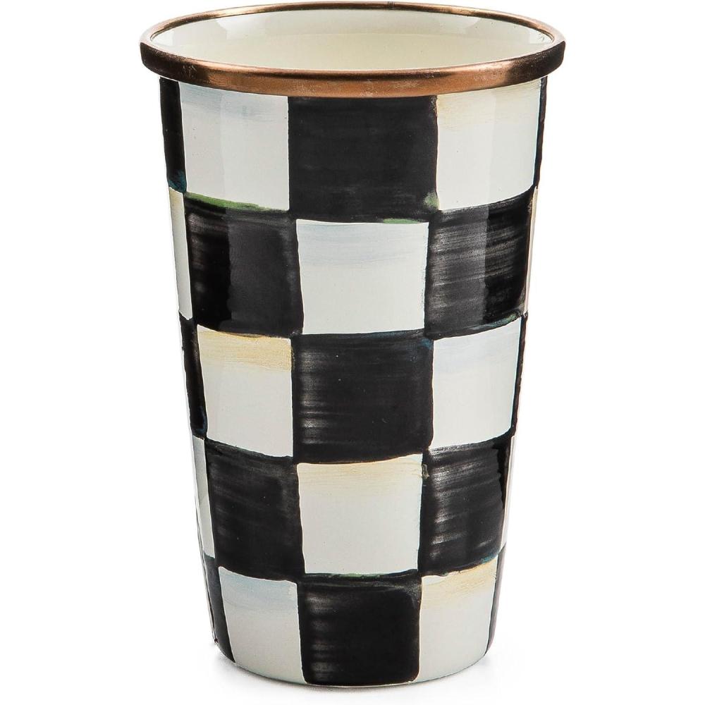 image:imageMACKENZIECHILDS Enamel Tumbler Open Tumbler Cup Cute Enamel Cup 10 Ounces PurpleandWhite Violet CheckCourtly Check