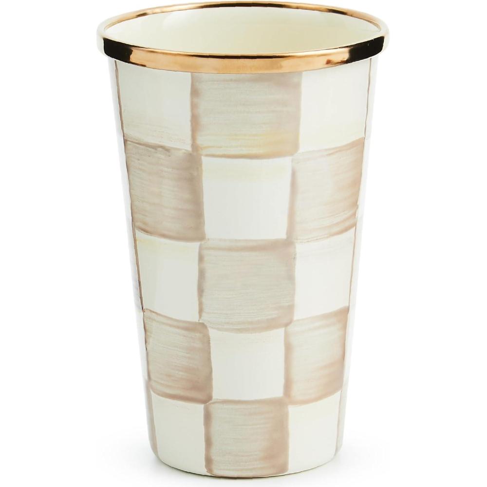 image:imageMACKENZIECHILDS Enamel Tumbler Open Tumbler Cup Cute Enamel Cup 10 Ounces PurpleandWhite Violet CheckMocha Check