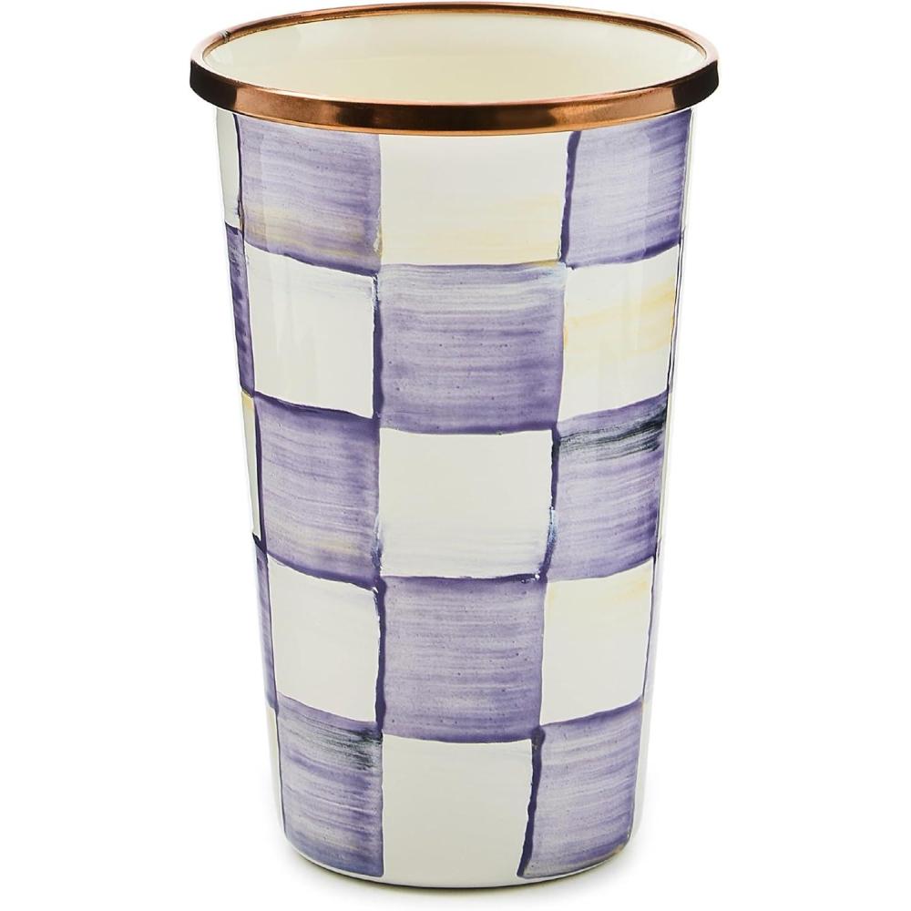 image:imageMACKENZIECHILDS Enamel Tumbler Open Tumbler Cup Cute Enamel Cup 10 Ounces PurpleandWhite Violet CheckViolet Check
